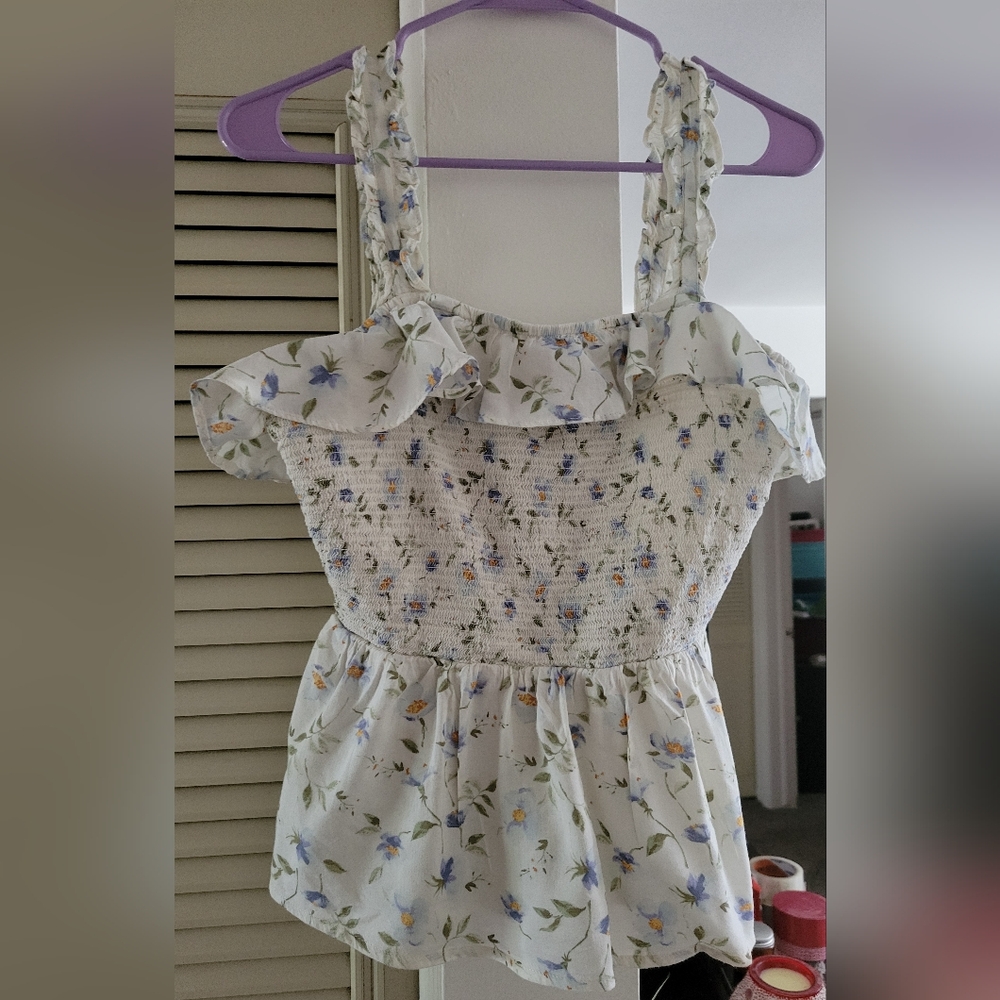 Old Navy White Floral Smocked Tank Top